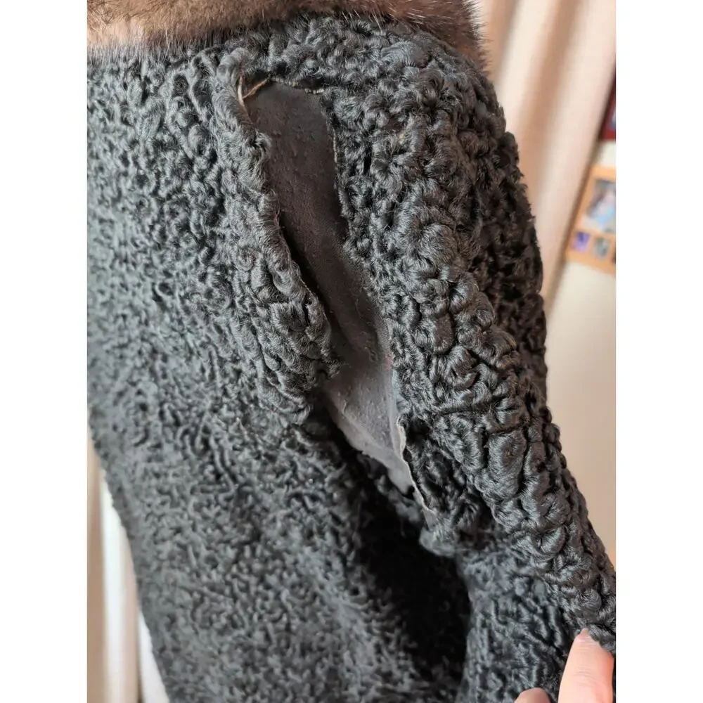 Vintage Black Curly Persian Lamb Long Jacket Coat Mink Collar 1960s FLAWS Size L